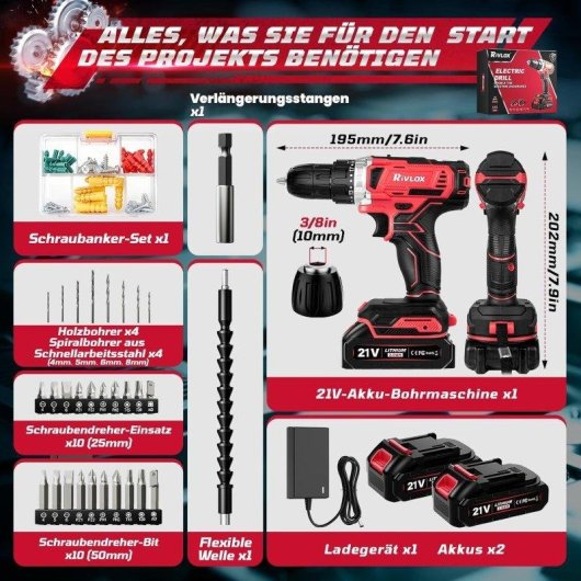 Taladro Atornillador Rivlox 21 V con 2 Baterías 2,0 Ah y Kit de 39 Accesorios