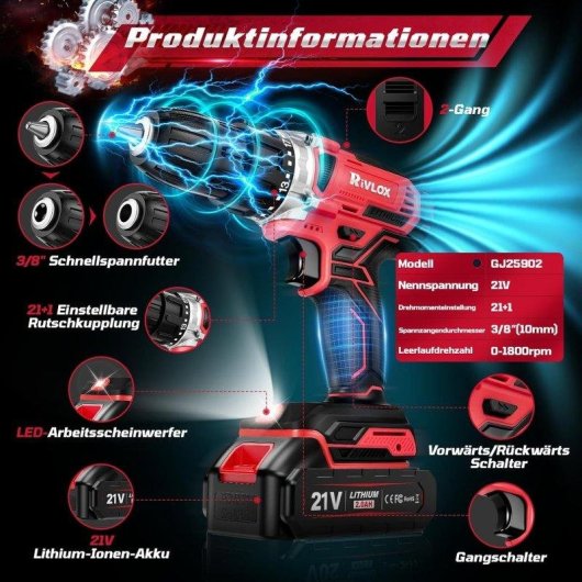 Taladro Atornillador Rivlox 21 V con 2 Baterías 2,0 Ah y Kit de 39 Accesorios