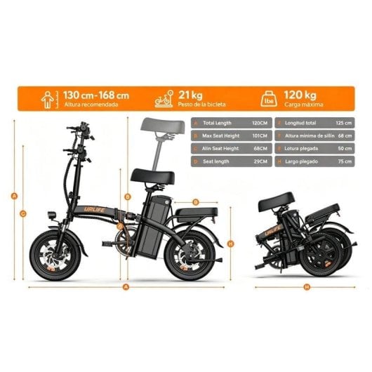 Bicicleta Eléctrica Plegable URLIFE 250W 48V 7,5Ah 25 km/h 14" Frenos de Disco