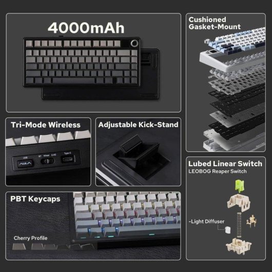 Clavier AULA F75 MAX Gaming mecanique 75% sans fil TFT RGB Hot-Swap Gris