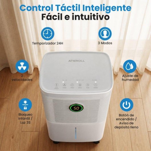 Deshumidificador Ateroll 12L/día Silencioso 200W Modo Sueño