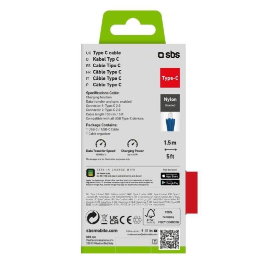 Cable USB-C SBS TECABLETISSUETCCB 1,5 m Bleu