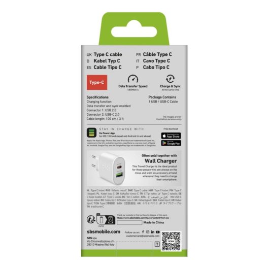 Kabel USB SBS TECABLEMICROC10W 1 m USB A USB C Schnellladen