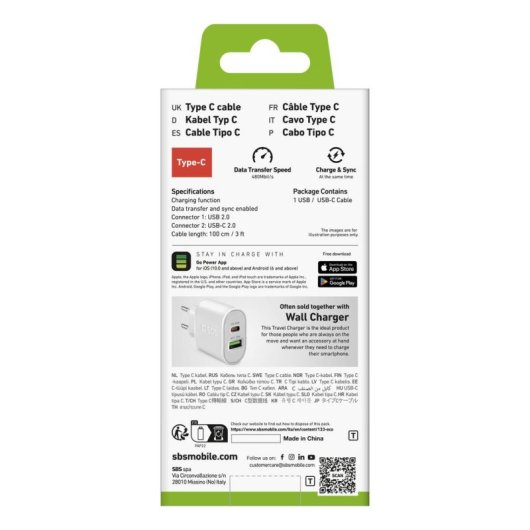 Kabel USB SBS TECABLEMICROC10W 1 m USB A USB C Schnellladen