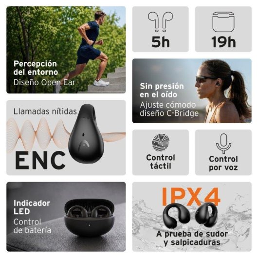 Auriculares Head Orbit Clip inalámbricos abiertos para deporte, ENC e IPX4, 24 h