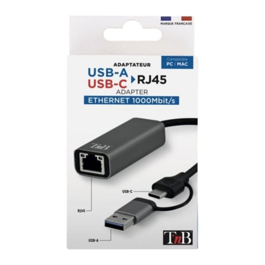 Adaptador TnB TCRJ45C RJ45 USB 2.0 y USB tipo C negro y gris