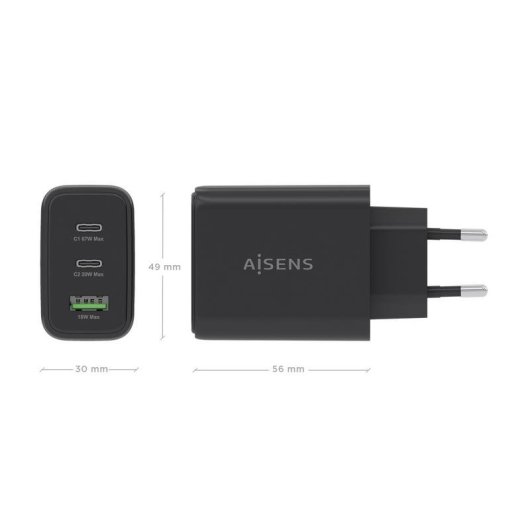 Carregador GaN AISENS 67W 2x USB-C PD3.0 1x USB-A