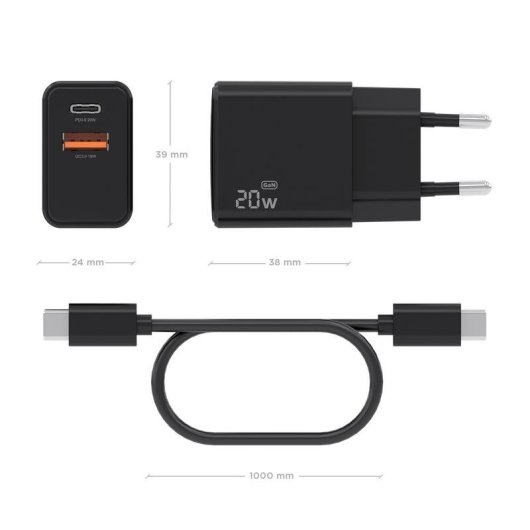 Cargador Aisens ASCH-20W2P084-BK GaN 20 W USB-C y USB-A