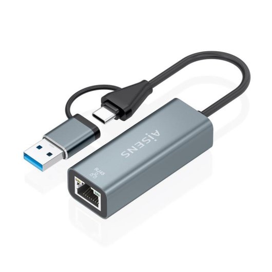 Adaptador Aisens USB-A/USB-C a Ethernet Gigabit 1000 Mbps 15 cm gris
