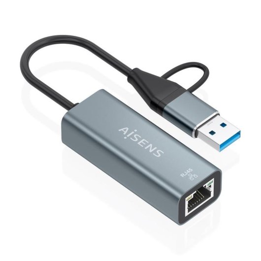 Adaptador Aisens USB-A/USB-C a Ethernet Gigabit 1000 Mbps 15 cm gris