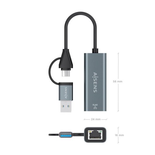 Adaptador Aisens USB-A/USB-C a Ethernet Gigabit 1000 Mbps 15 cm gris