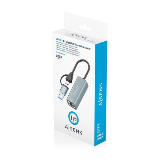 Adaptador Aisens USB-A/USB-C a Ethernet Gigabit 1000 Mbps 15 cm gris