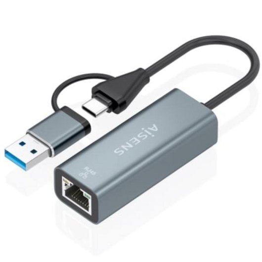 Adaptador Aisens USB-A/USB-C a Ethernet Gigabit 1000 Mbps 15 cm gris