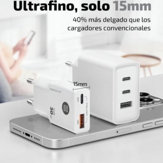 GaN Ladegerät 30W Tech One Tech USB-C USB-A mit weißem Kabel