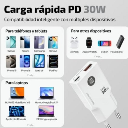 GaN Ladegerät 30W Tech One Tech USB-C USB-A mit weißem Kabel