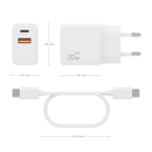 Cargador Aisens GaN 20W USB-C PD3.0 USB-A QC3.0 con cable 1m