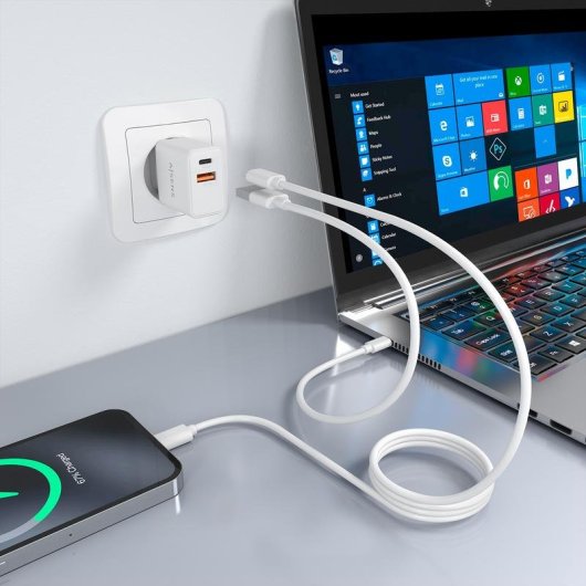 Cargador Aisens GaN 20W USB-C PD3.0 USB-A QC3.0 con cable 1m