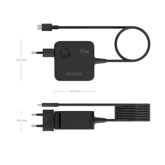 Cargador de pared Aisens GaN 65 W PD3.0 USB-C 1,5 m Negro