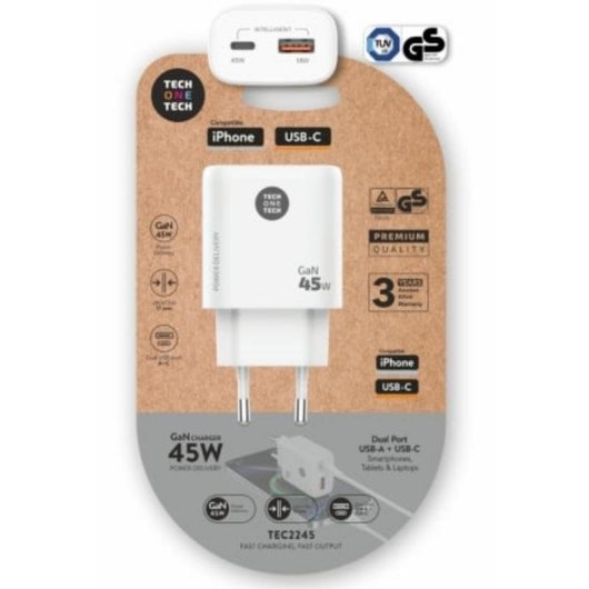 Carregador de parede GaN 45W USB-C USB-A Tech One Tech branco