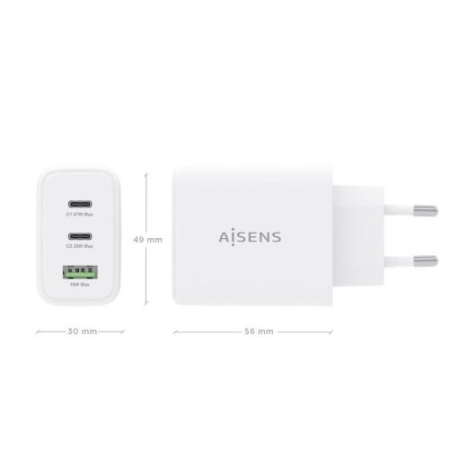 Carregador GaN AISENS 67W 2 USB-C 1 USB-A