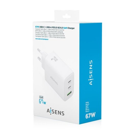Carregador GaN AISENS 67W 2 USB-C 1 USB-A