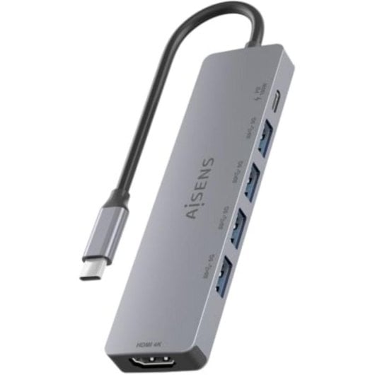 Dock USB-C AISENS 6 en 1 HDMI 4K 4xUSB-A PD 100W Gris 15 cm