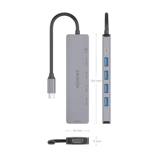 Dock USB-C AISENS 6 en 1 HDMI 4K 4xUSB-A PD 100W Gris 15 cm