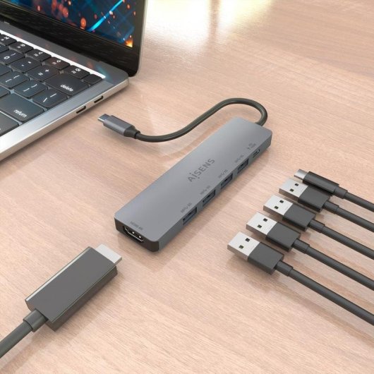 Dock USB-C AISENS 6 en 1 HDMI 4K 4xUSB-A PD 100W Gris 15 cm