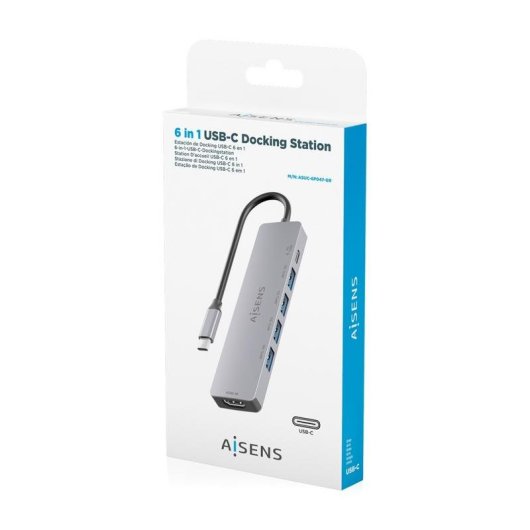 Dock USB-C AISENS 6 en 1 HDMI 4K 4xUSB-A PD 100W Gris 15 cm