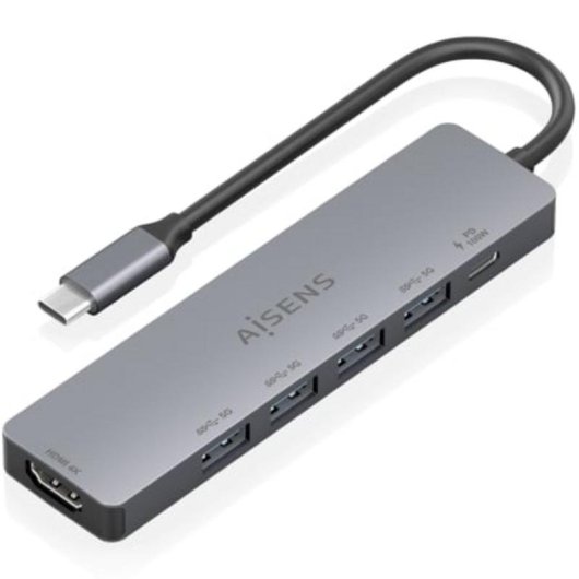 Dock USB-C AISENS 6 en 1 HDMI 4K 4xUSB-A PD 100W Gris 15 cm