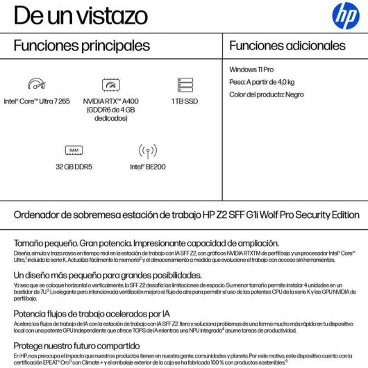 PC de bureau HP Z2 SFF G1i Intel Core Ultra 7 265 32GB 1TB SSD RTX A400 Win 11 Pro