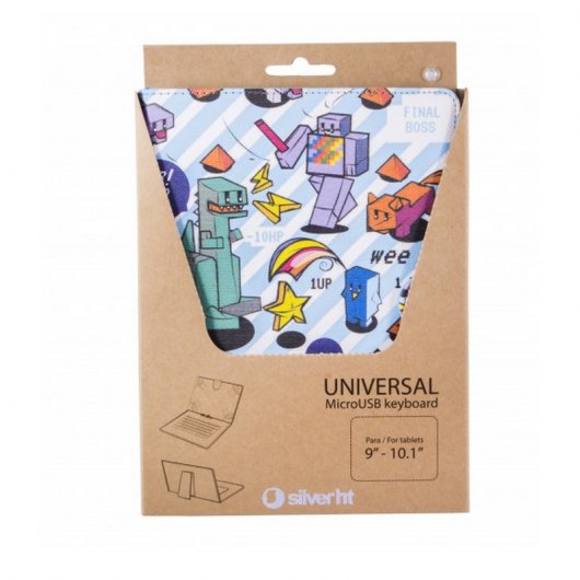 SilverHT Funda Universal Estampada Pixel Gamer para Tablet 9"-10.1" + Teclado MicroUSB
