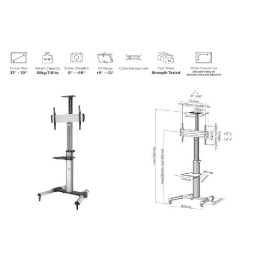 Equip Soporte de Suelo con Ruedas para Pantalla De 37"-70" de Aluminio Vesa 600x400 Max 50Kg
