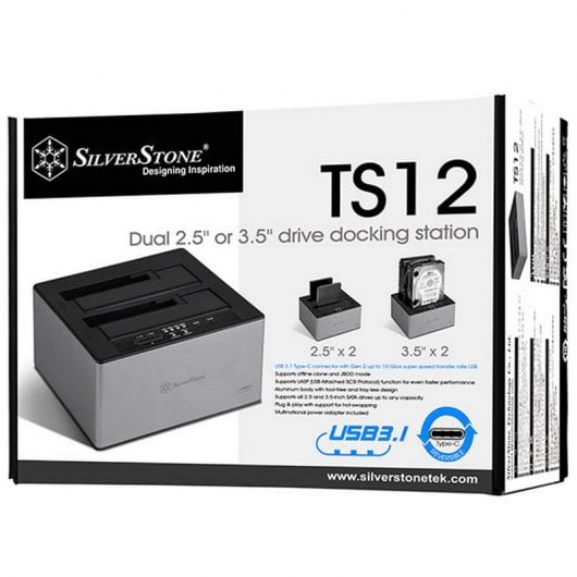 Silverstone TS12 Docking Station USB 3.1 Tipo C para 2 Bahías HDD/SSD 3.5"/2.5" Gris