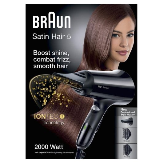 Sèche-cheveux Ionique Braun Satin Hair 5 HD550 2000W 3 Températures 2 Vitesses avec Accessoires Noir