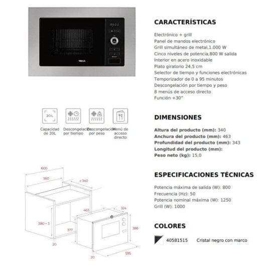 Microondas Teka MWE 225 FI 20L 800W com Grill Inox Integrável