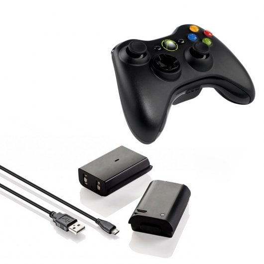 Pack Microsoft Xbox 360 Wireless Controller Negro +  Dos Baterías Prif para Mando de Xbox 360