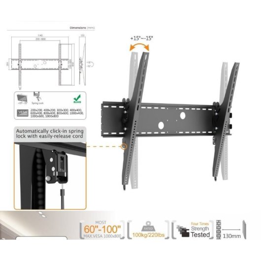 Equip Soporte de Pared para Pantalla de Pared 60"-100" Inclinable VESA 1000x800 Max 100Kg