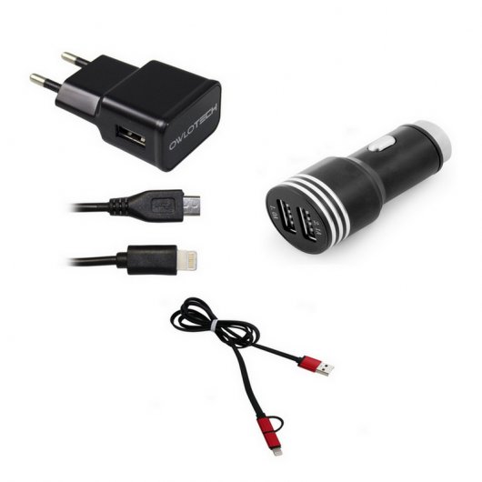 Owlotech Cargador Lightning + Cable Conversor USB/Micro USB/Lightning + Unotec Cargador de Coche 2X USB