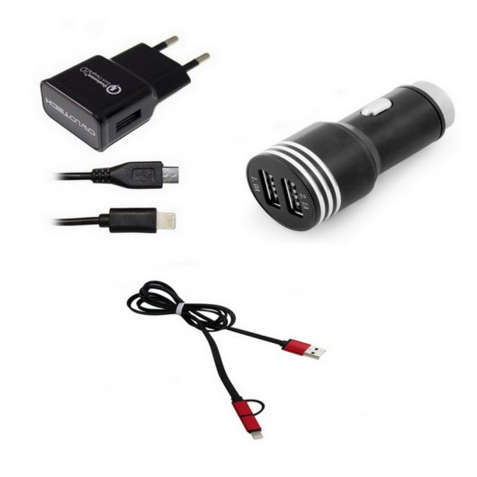 Pack de Carga para Viaje con Cargador Quick Charge 2.0+Cargador de Coche+Cable Conversor