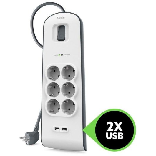 Multiprise Belkin BSV604vf2M 6 Prises 2 USB-A avec Protection et Câble 2 m