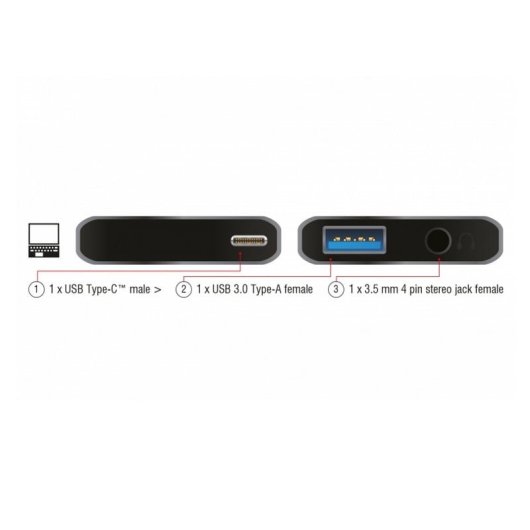 Delock 63965 Adaptador de Audio USB Tipo-C Macho a Jack 3,5 mm Hembra + USB 3.0 A Hembra