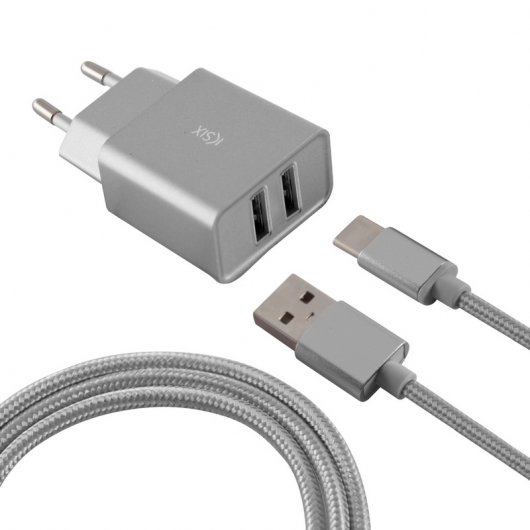 Ksix Cargador 2 x USB + Cable USB-C 2.4A Metal