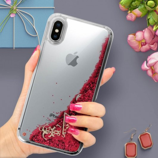 Guess Funda Rígida con Purpurina Roja para iPhone X/XS