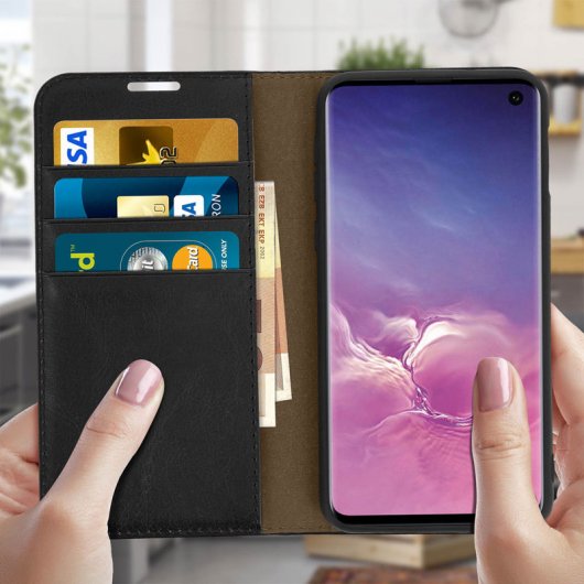 Avizar Capa Livro Carteira de Couro Preta para Samsung Galaxy S10