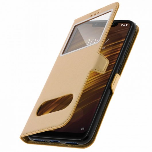 Avizar Capa Livro com Janela Dupla Dourada para Xiaomi Pocophone F1