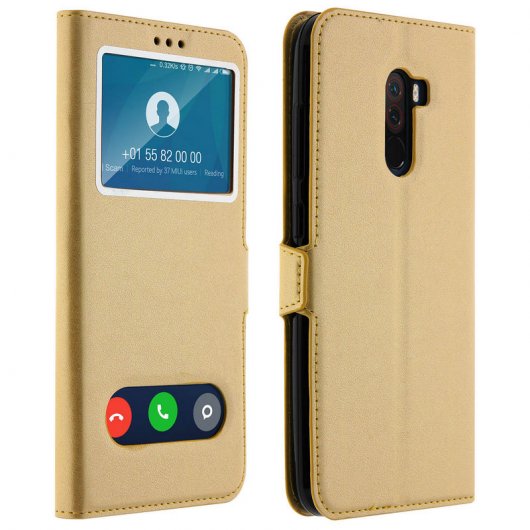 Avizar Capa Livro com Janela Dupla Dourada para Xiaomi Pocophone F1