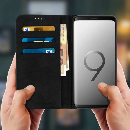 Avizar Funda Tipo Libro Billetera Vintage Negra para Samsung Galaxy S9