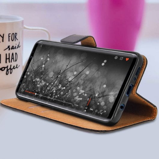 Avizar Funda Tipo Libro de Cuero Negro para Samsung Galaxy S9 Plus