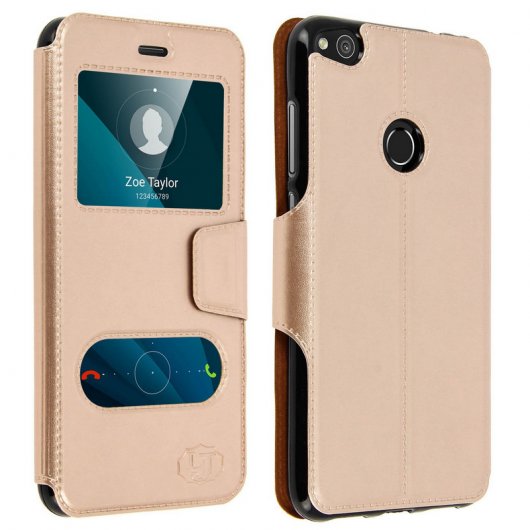 Avizar Funda Doble Ventana Dorada para Huawei P8 Lite 2017/Honor 8 Lite